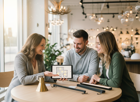 A lighting designer shows a smiling couple a smart home floor plan with lighting zones on a tablet in a modern showroom. Lighting Design Consultation for Home