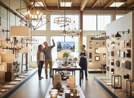 A couple in a modern lighting showroom points at a ceiling fixture while a sales associate looks on. Various chandeliers, lamps, and sconces are displayed. Couple shopping for lighting fixtures with a sales associate