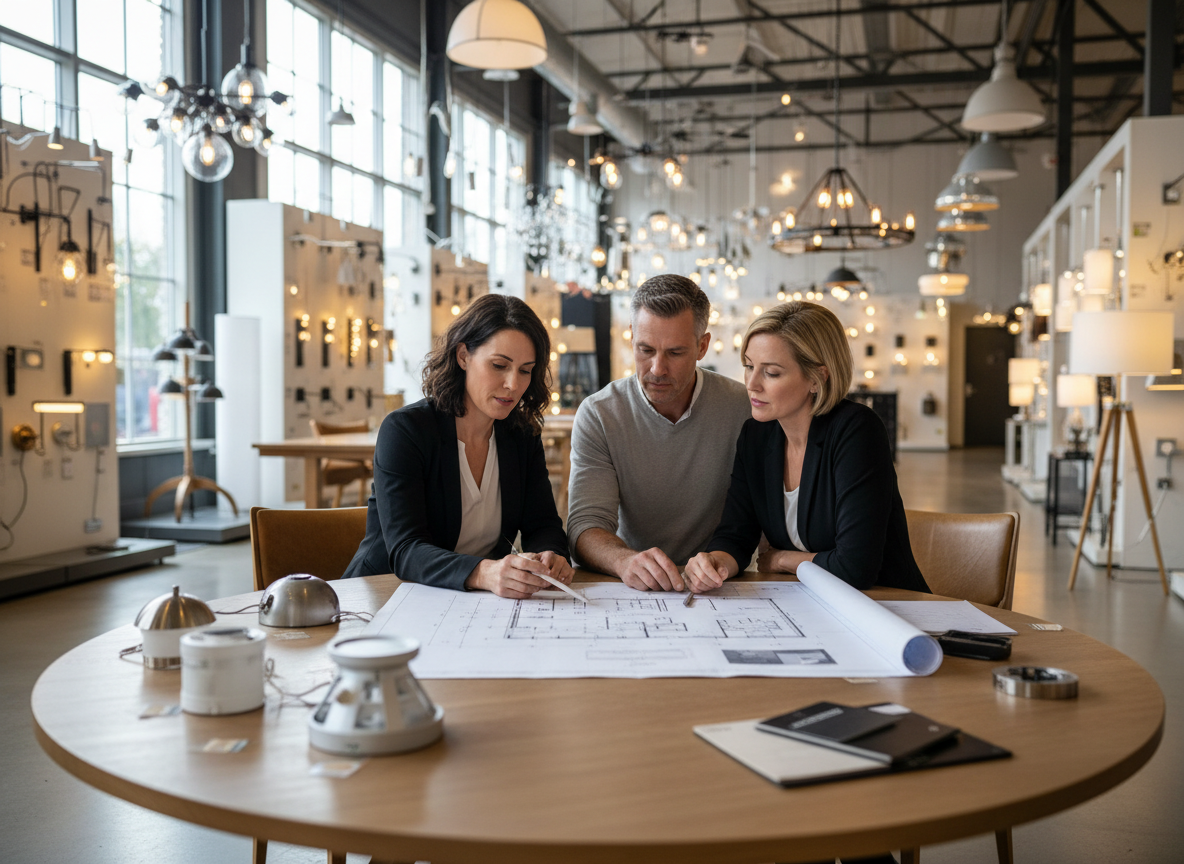 Two women and a man intently examine architectural blueprints on a round table, surrounded by diverse light fixtures in a modern showroom. Three people discussing blueprints in a lighting showroom