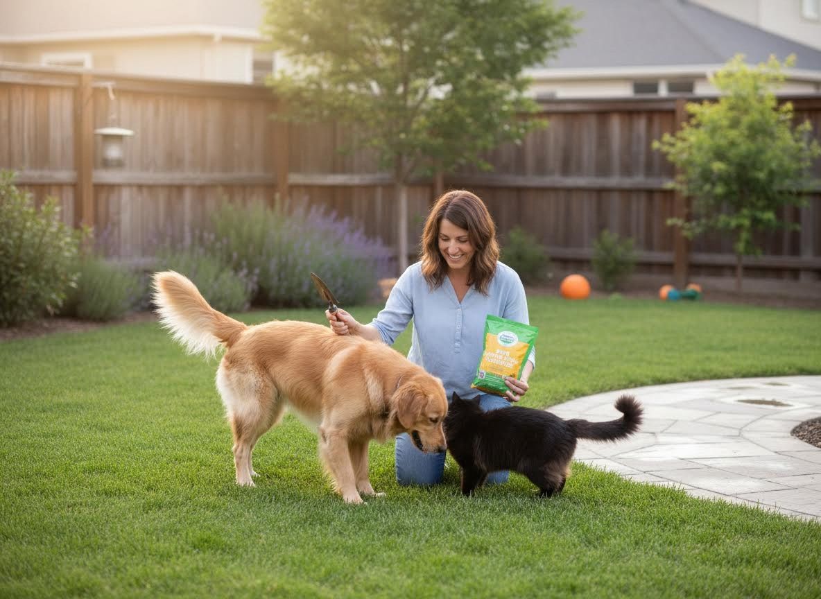 Woman with dog and cat in a sunny backyard