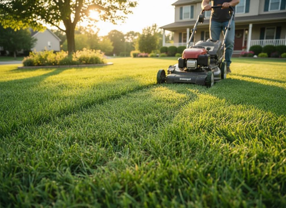 A person operates a push lawnmower, creating perfect stripes on a vibrant green lawn during a sunny golden hour. A house is in the background. Person Mowing Lawn with Push Mower at Golden Hour