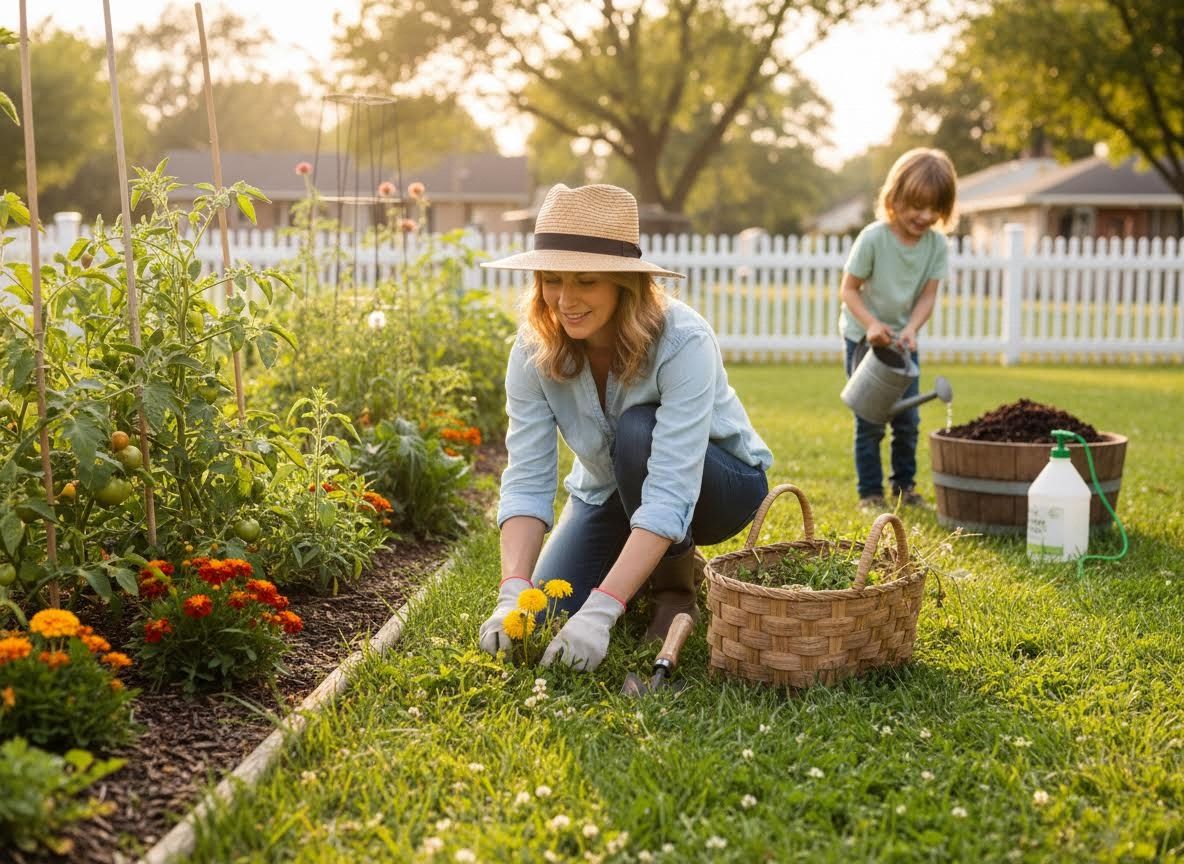 Woman and child gardening in a backyard