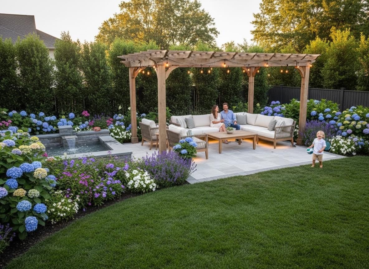 Family enjoying a beautiful backyard patio with pergola and hydrangeas