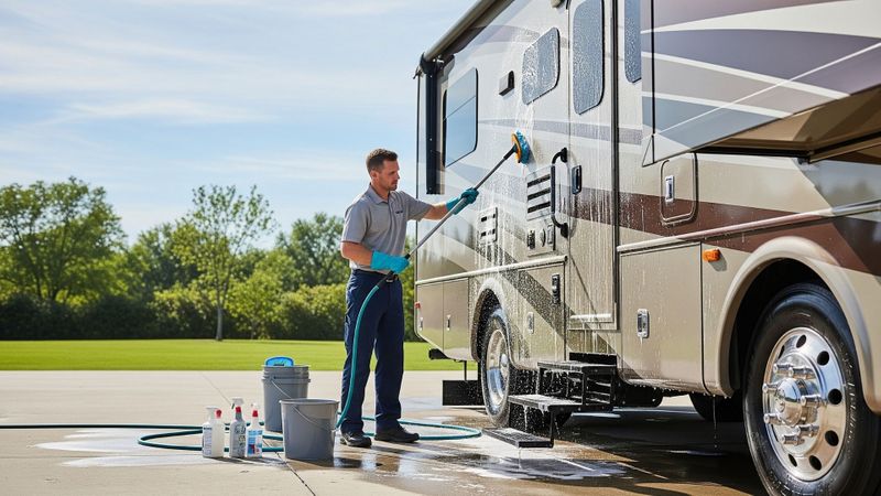 A person cleaning and detailing the exterior of an RV to prepare it for sale.
