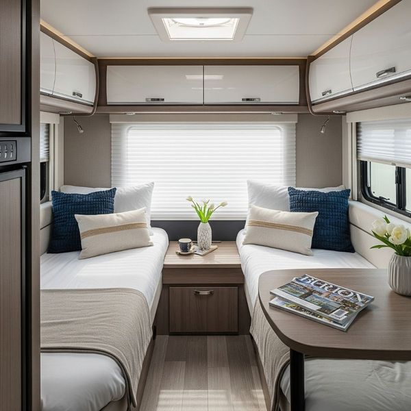 The beautifully staged and clean interior of a motorhome, ready for photos.