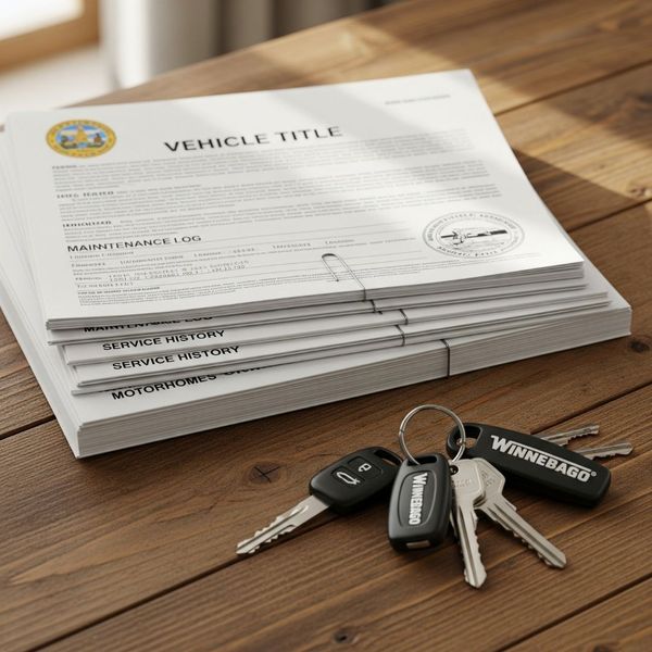 An organized pile of RV documents and keys on a wooden table.