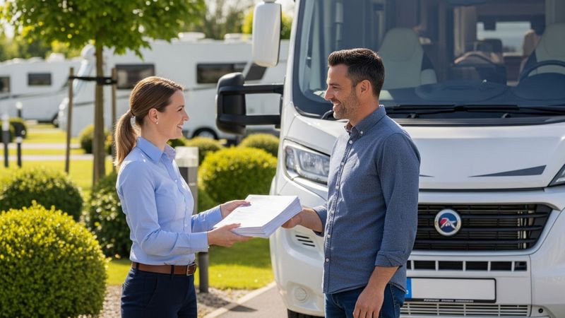A happy woman selling her motorhome to a representative from Sell My RV FL, highlighting a seamless transaction.
