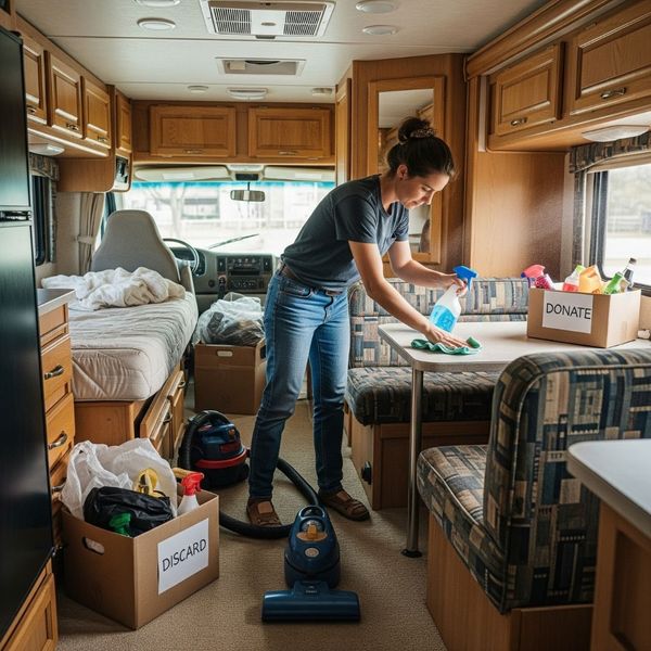 A person carefully cleaning the interior of their RV kitchen. A person carefully cleaning the interior of their RV kitchen.