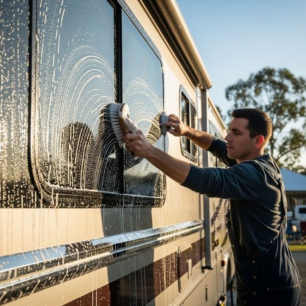 A person washing the exterior of an RV, with a focus on cleaning details like windows and trim.
