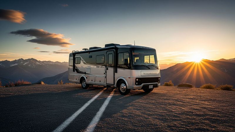 A modern RV parked in a scenic mountain overlook at sunset.