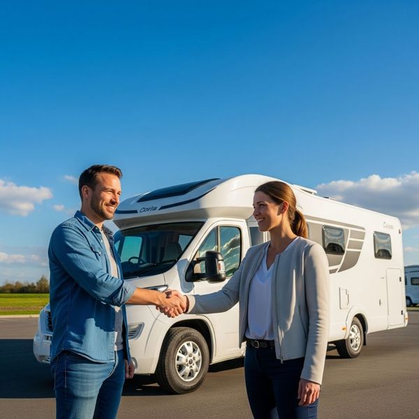 A representative from Sell My RV FL shaking hands with a client, symbolizing a trustworthy transaction.