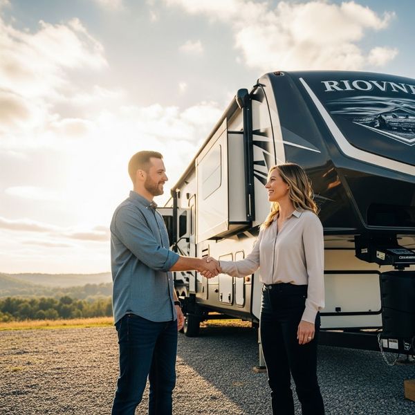A man and woman shaking hands in front of a large fifth-wheel RV.