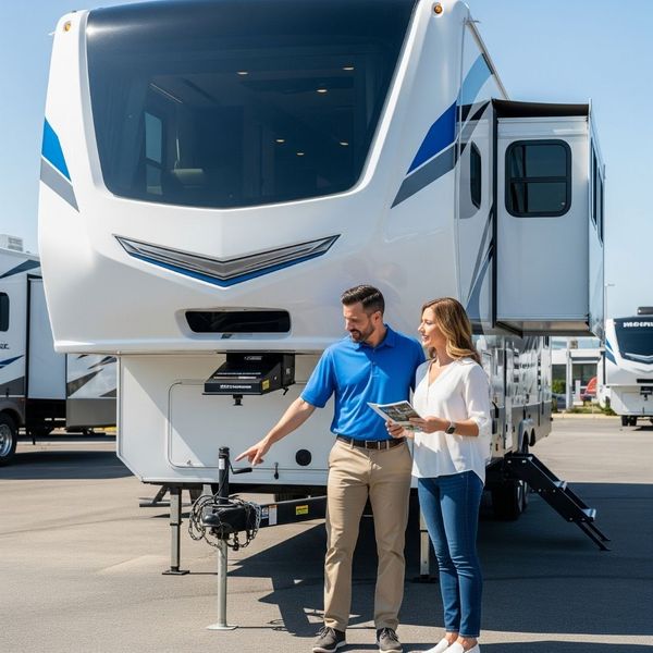 A smiling couple carefully inspecting the side of a clean fifth-wheeler RV.