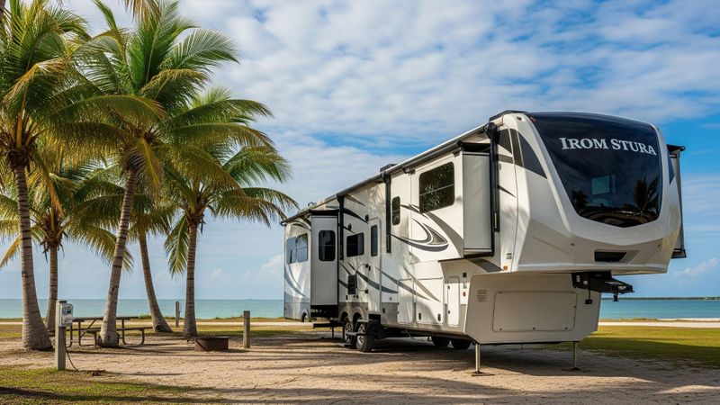 A modern fifth-wheeler RV parked at a scenic campsite in a Florida state park.