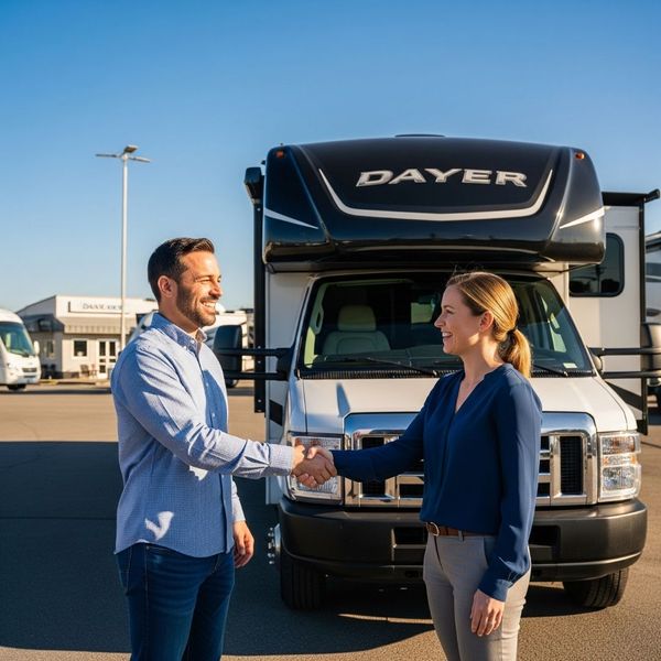 A man and woman shaking hands in front of an RV, symbolizing a successful sale. A man and woman shaking hands in front of an RV, symbolizing a successful sale.