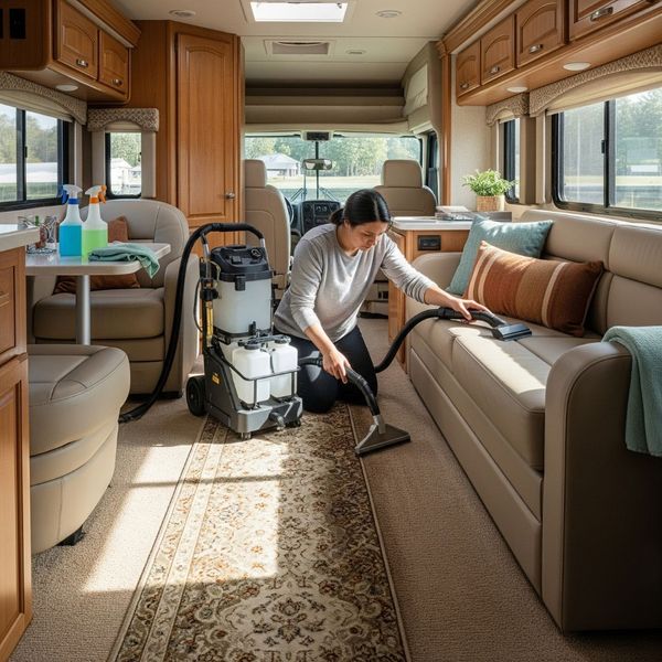 A person meticulously deep cleaning the upholstery inside a motorhome.