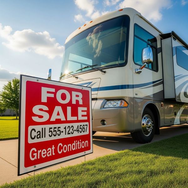 A bright red for sale sign standing next to a clean, modern RV. A bright red for sale sign standing next to a clean, modern RV.