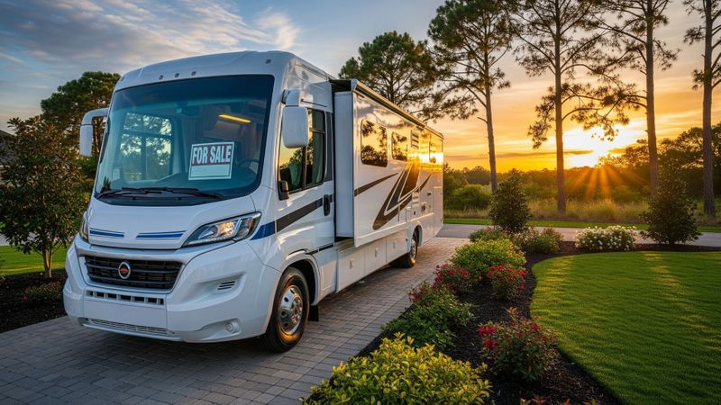 A pristine motorhome parked on a scenic driveway at sunset, ready for sale.