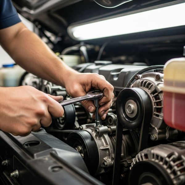 A close-up of a mechanic's hands performing maintenance on an RV engine.