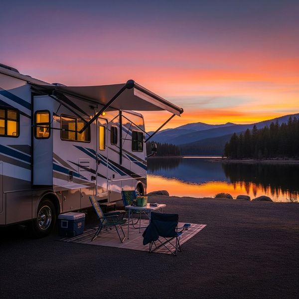 RV on a lake at sunset