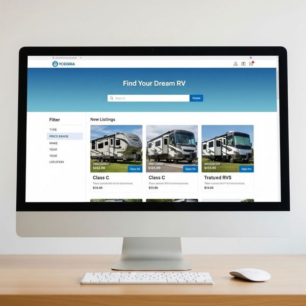 A close-up of a computer monitor displaying an online RV marketplace website.