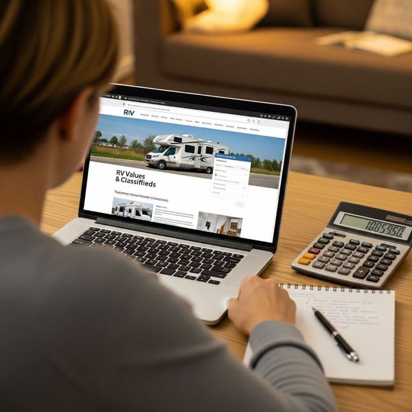 A person at a desk researching RV values on a laptop with a calculator. A person at a desk researching RV values on a laptop with a calculator.
