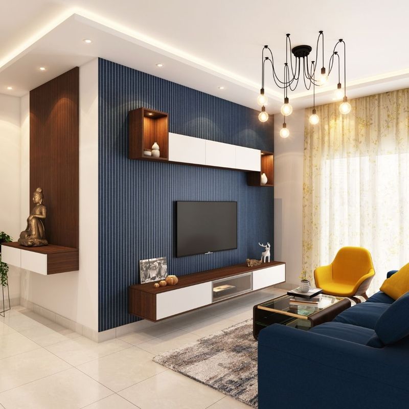 dark blue and yellow living room