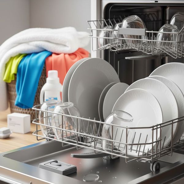 Dishes in a dishwasher.