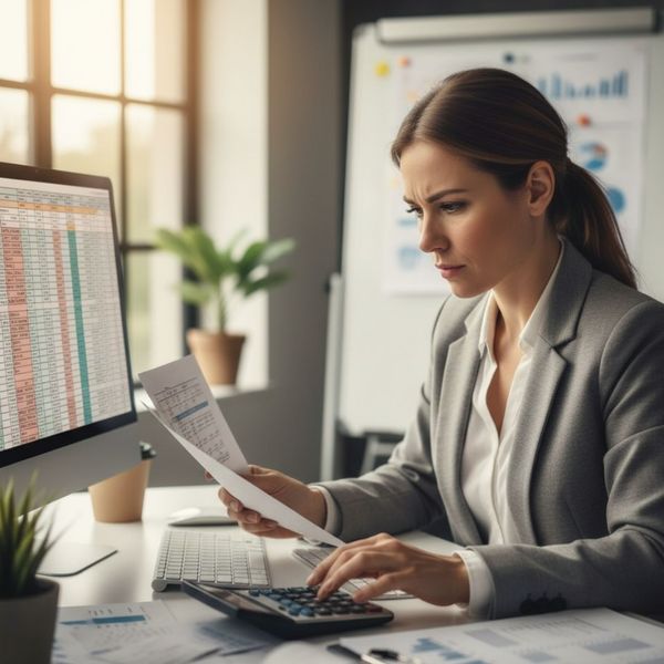 Image showing a focused female business owner reviewing financial documents, holding a paper, and using a calculator at her desk with a computer displaying spreadsheets. Image showing a focused female business owner reviewing financial documents, holding a paper, and using a calculator at her desk with a computer displaying spreadsheets.