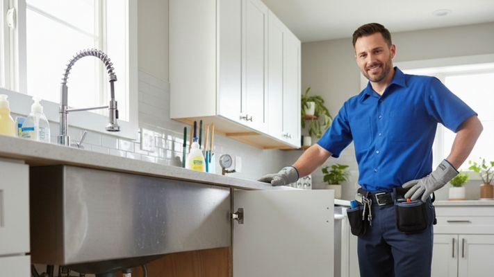 Plumber inspecting residential kitchen plumbing system