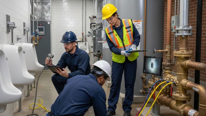 Plumbers working in a bathroom Plumbers working in a bathroom