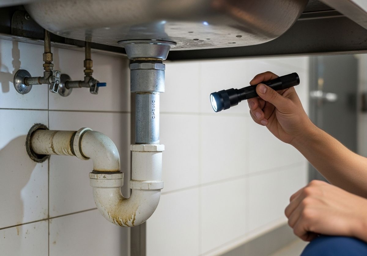 Plumber Inspecting Sink Pipes with Flashlight
