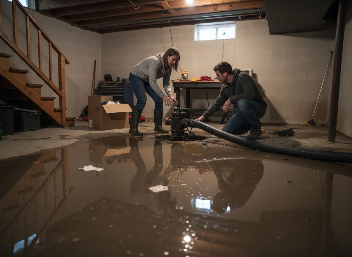 Couple Pumping Water from Flooded Basement