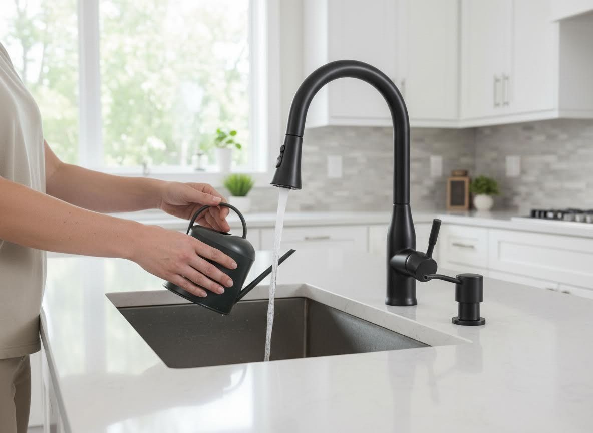 Person filling watering can at modern kitchen sink
