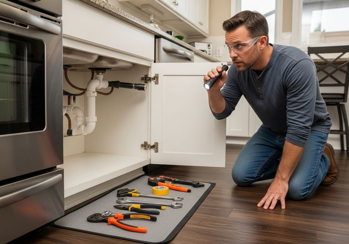 Man Inspecting Under Sink with Flashlight