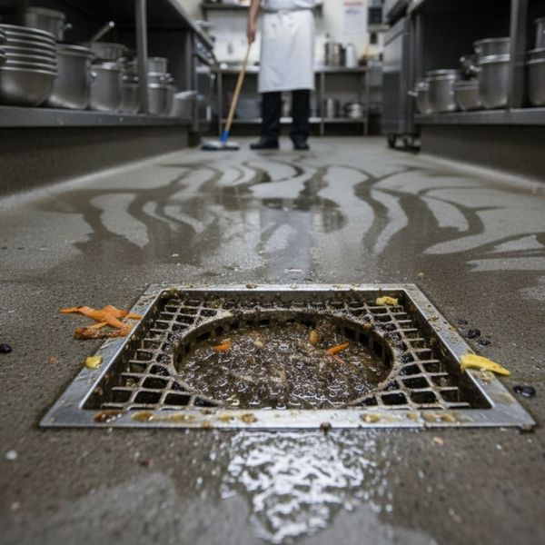 Image showing a clogged commercial kitchen floor drain overflowing with dirty water and food debris, with a chef in the background looking frustrated. Image showing a clogged commercial kitchen floor drain overflowing with dirty water and food debris, with a chef in the background looking frustrated.