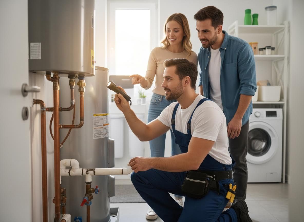 Plumber Inspecting Water Heater for Homeowners