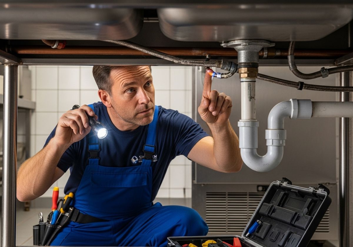 Plumber Inspecting Under Sink with Flashlight