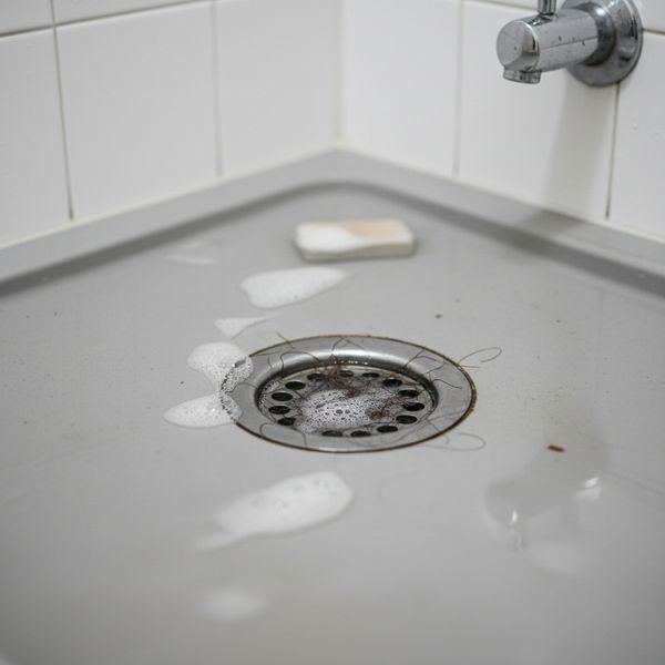 Standing water pooling inside a clogged shower drain