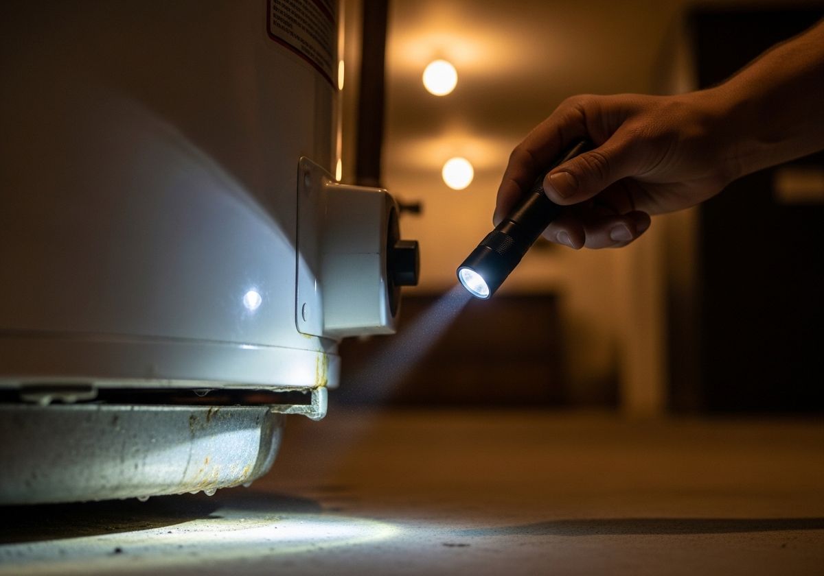 Inspecting water heater with flashlight