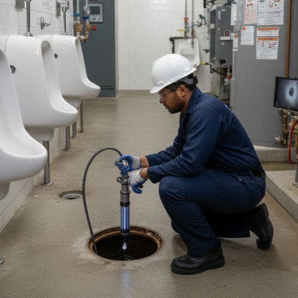 Plumber checking drain lines in a bathroom