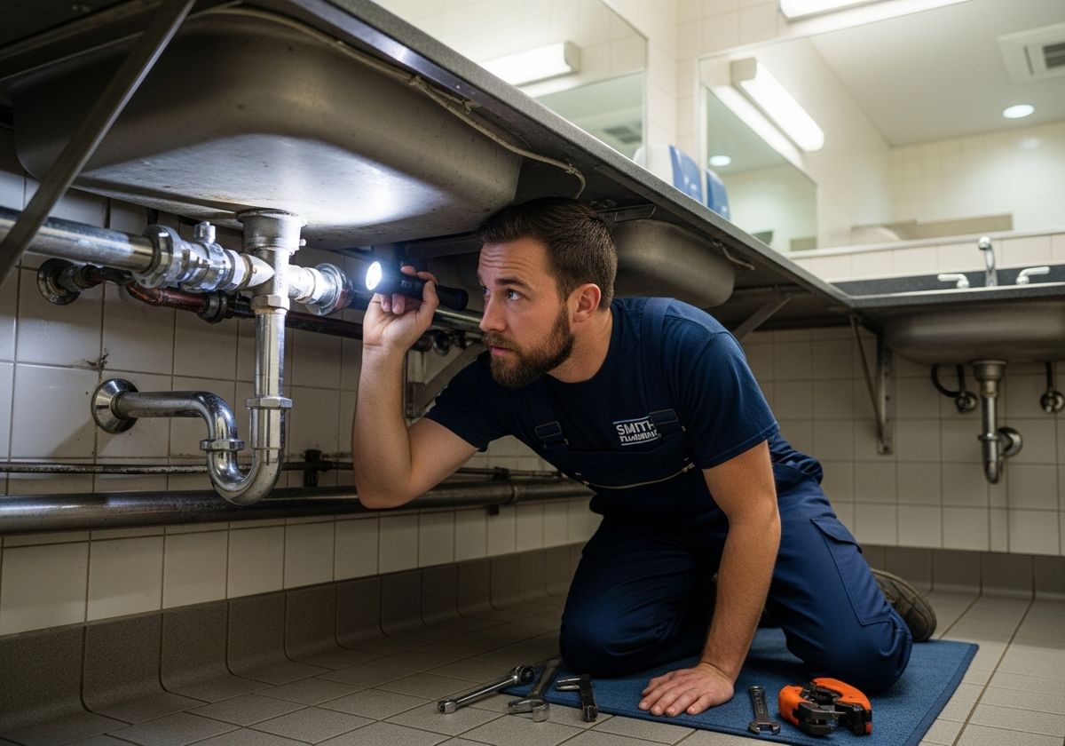 Plumber Inspecting Sink Pipes with Flashlight