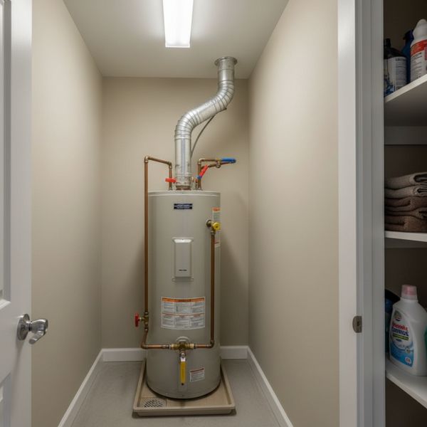 Gas water heater in a clean utility closet