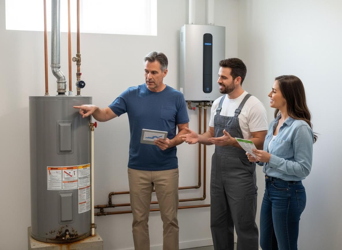 Homeowner, technician, and woman discussing water heaters