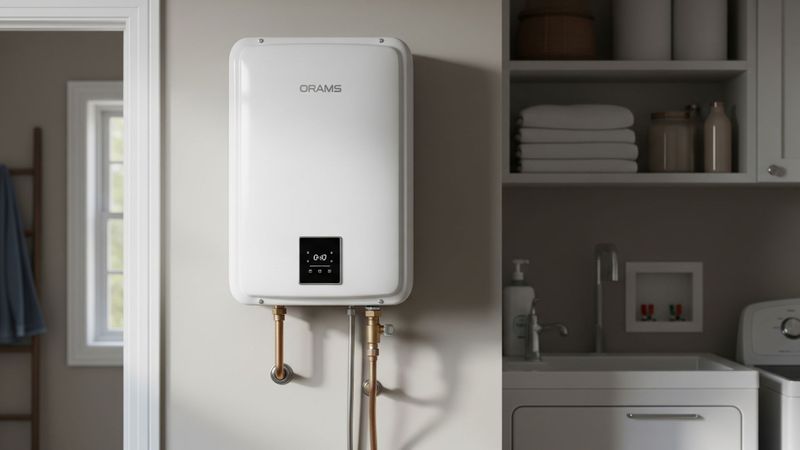 A professional stock photo of a clean, sleek tankless water heater installed on a wall in a utility room, conveying efficiency and modernity.