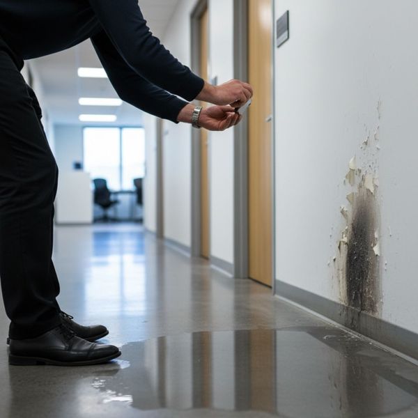 Image showing a business owner taking a photo of a visible water leak on a wall and a puddle on the floor in an office hallway. Image showing a business owner taking a photo of a visible water leak on a wall and a puddle on the floor in an office hallway.