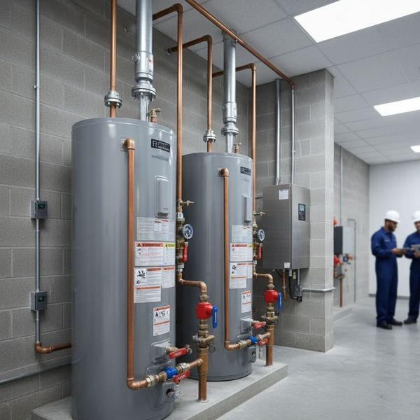 Image showing a row of large commercial water heaters plumbed with copper pipes in a dedicated utility room, with plumbers in the background. Image showing a row of large commercial water heaters plumbed with copper pipes in a dedicated utility room, with plumbers in the background.
