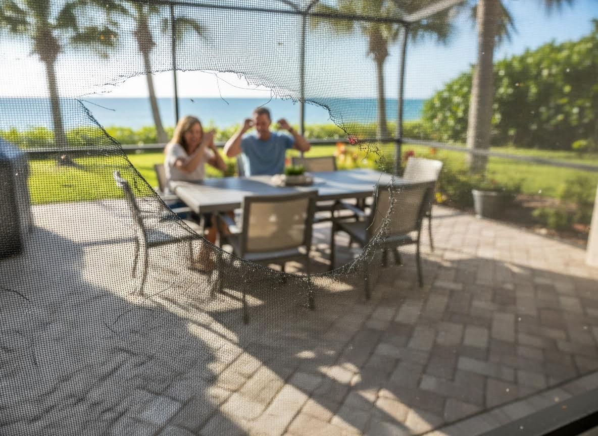 Damaged patio screen with a frustrated couple and ocean view