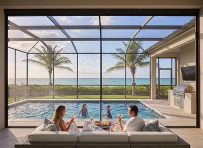 Family enjoying pool and ocean view from screened patio