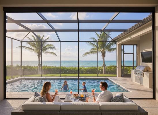 Parents relax on a sofa with cocktails while children play in a pool, all overlooking the beautiful ocean from a screened lanai with palm trees. Family enjoying pool and ocean view from screened patio